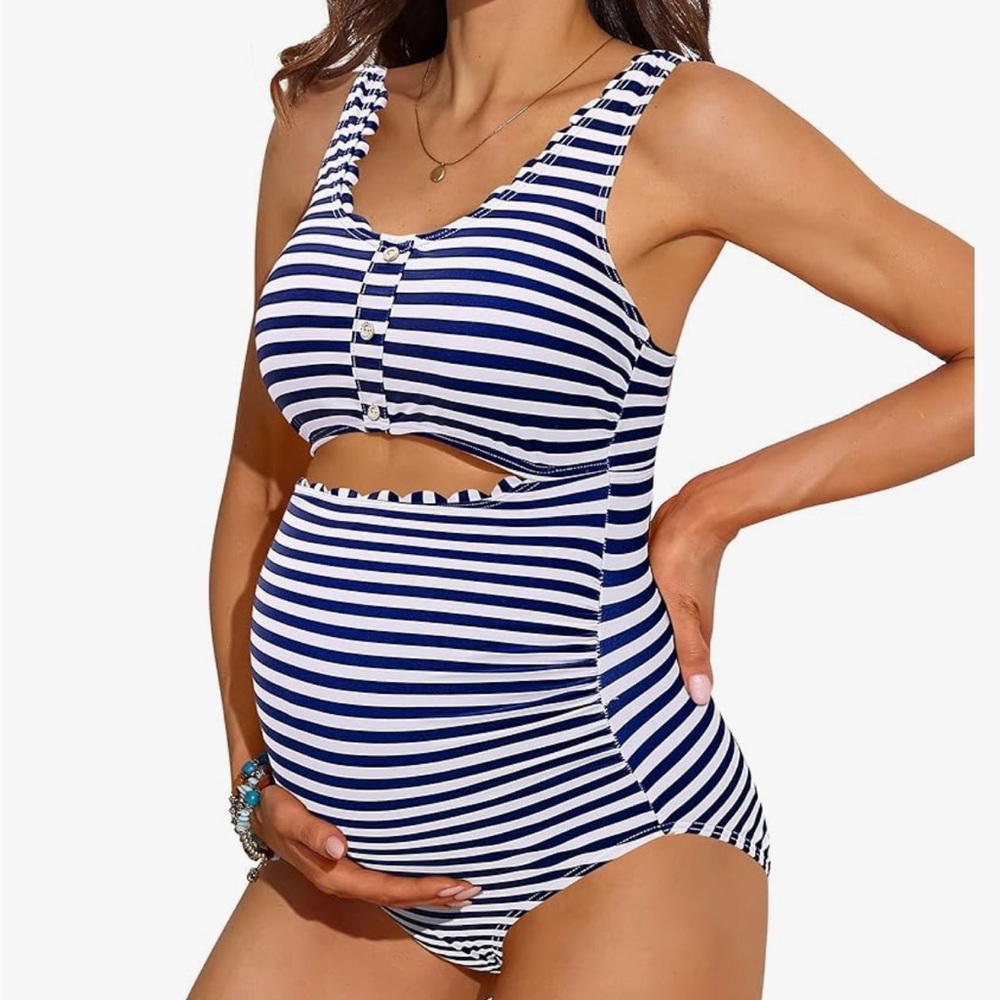 NWOT Charmo Blue And White Striped Maternity Swimsuit Size L